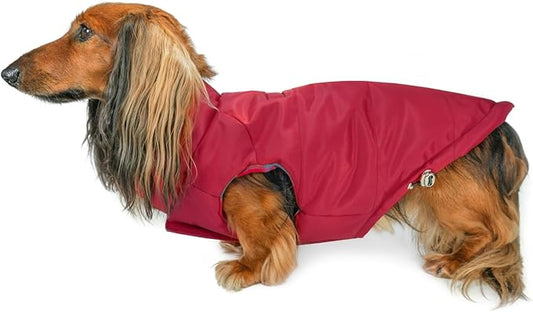 DJANGO Reversible Puffer Dog Coat – Warm Winter Dog Jacket & Water-Repellent Insulated Dog Coat with Harness Hole, Windproof, Adjustable Fit for Small & Medium Dogs, Dachshunds – Lava Red, Small