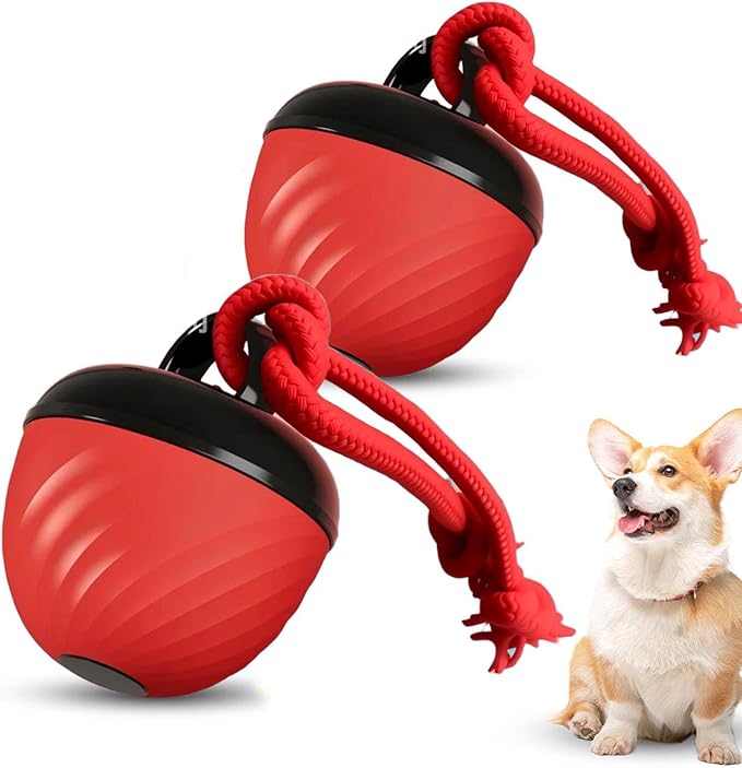Interactive Dog Toys Ball, 2026 New Smart Pet Puppy Ball with Ropes, Random Path Electric Automatic Moving and Rolling Dogs Toy, for Small Medium Large Dogs Daily Training (Red*2)