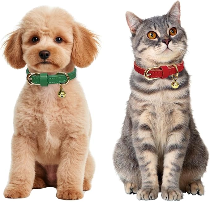 Guiding Star Leather Collar for Puppy, Cute Soft Thin Dogs Collars for Small Medium Dogs, Cat Collar with Bell (Black, XXS, 6.2"-10")