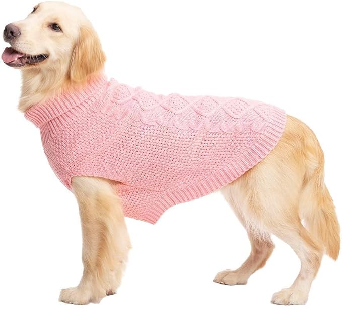 Mihachi Turtleneck Dog Sweater - Winter Coat Apparel Classic Cable Knit Clothes with Leash Hole for Cold Weather, Ideal Gift for Pet in New Year Flesh Pink Large