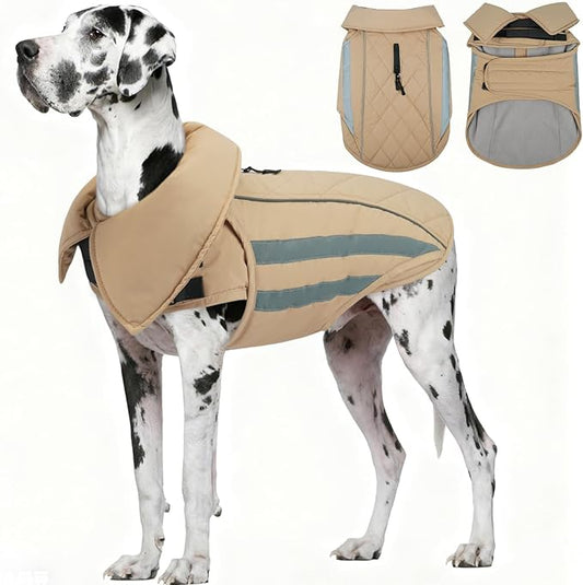 IECOii 4XL Dog Jacket Waterproof Winter - Warm Fleece Lining Jackets for Dogs, Reflective & Adjustable Snow Coat, Mashine Washable, Khaki, Sizes XXXXL