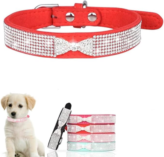Serijoars Small Dog Collar with Rhinestone Crystal Diamond Colorful Bling Girl Puppy Cat Collars (M, Red3)
