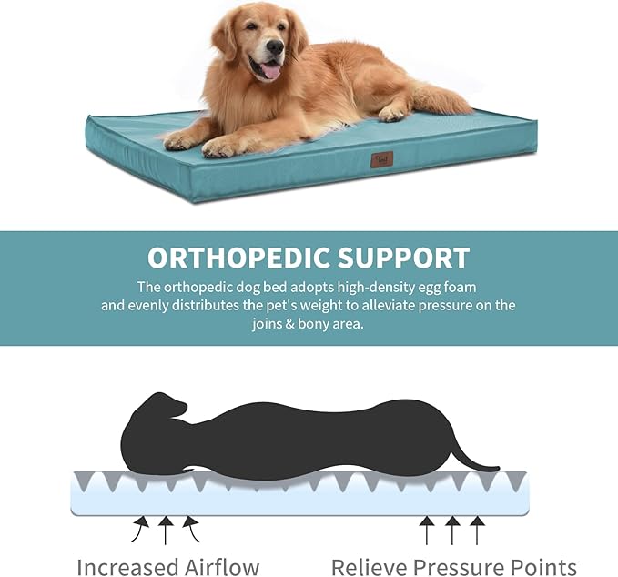 Outdoor Dog Bed for Medium Dogs, Waterproof Dog Crate Mat Orthopedic Egg Crate Foam Pet Bed with Washable Removable Oxford Cover, Light Blue