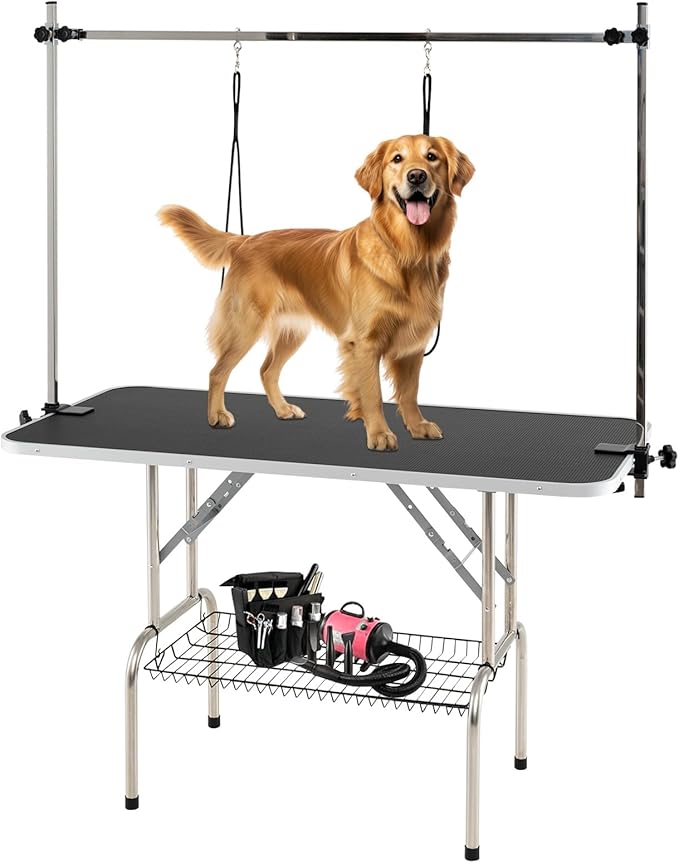 PETSITE 47 Inch Large Dog Grooming Table, Adjustable Pet Grooming Stand with Arms, Nooses, Mesh Tray, Foldable Pet Station at Home, 330 lbs Weight Capacity, Ideal for Dogs of All Ages, Black