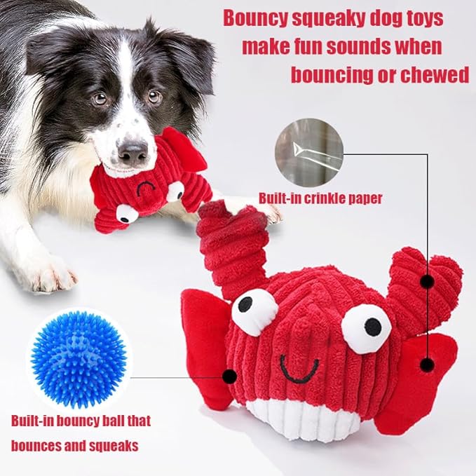 Squeak Dog Toys for Aggressive Chewers, No Stuffing Squeak Dog Chew Toys for Aggressive Chewers, Interactive Dog Toy Ball with Crinkle Paper for Medium Dogs, Large & Small Breeds (A-Red Crab)