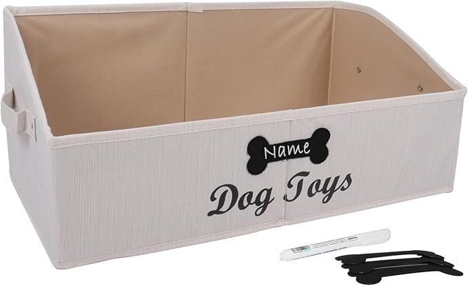 Large Dog Toy Basket Collapsible Dog Toy Box Fabric Trapezoid Dog Toy Bin Storage for organizing pet Toys/Blankets/leashes/Rope Toys/Clothing-Can be Personalized-Slub Beige