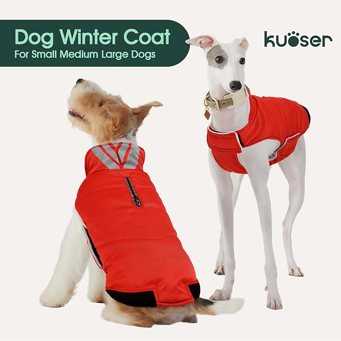 Kuoser Dog Coat Large, Cold Weather Reflective Waterproof Dogs Jacket with Warm Fleece Lining, Turtleneck Dog Winter Coat with Zipper, Doggy Snow Jacket Pet Coats for Small Medium Large Dogs, Red 3XL