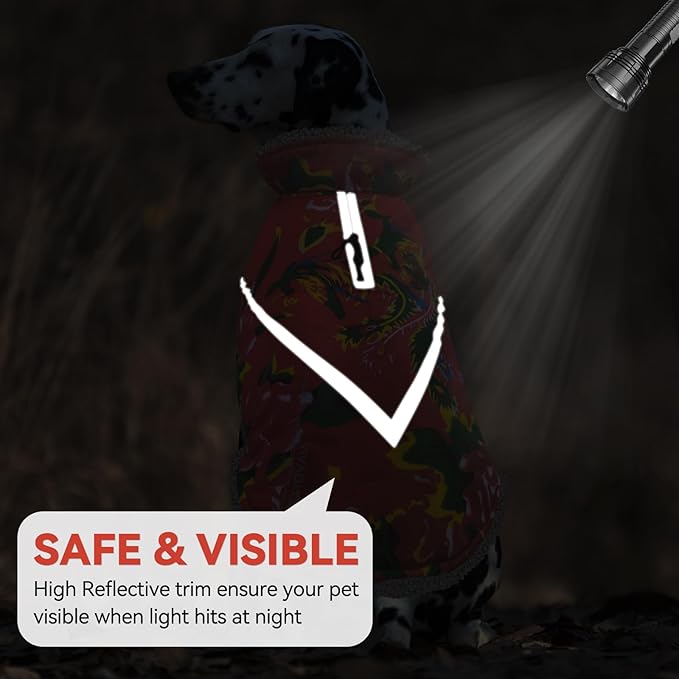 VIVAGLORY Snowrap Dog Coat, Jacket with Harness Hole & Velcro Closure, Dog Coat for Winter & Cold Weather, Fluffy Warm Fleece Lined Reflective Water Resistant for Puppy, XXS, Northeast Florals-Red
