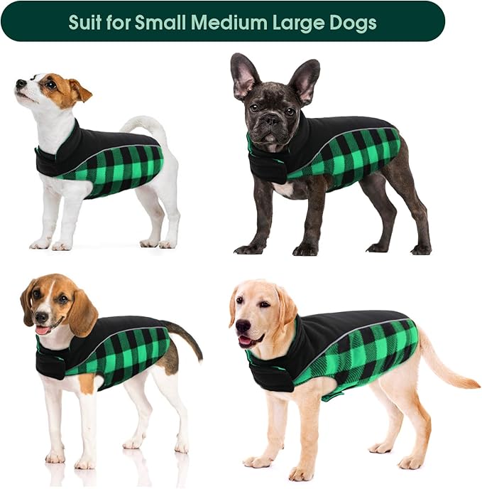 Kuoser Dog Winter Coat, Reversible Waterproof Dog Jacket with Reflective Strip, Warm Dogs Fleece Vest Adjustable Doggy Cold Weather Clothes Plaid Christmas Outfit Pet Apparel for Small Dogs, Green S