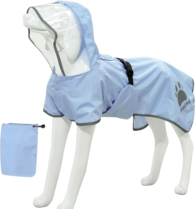 MAMORE Dog Raincoat Waterproof, Lightweight Adjustable Dog Rain Coat Hooded Poncho with Reflective Strip for Large Medium Small Dogs(Light Blue, Large)