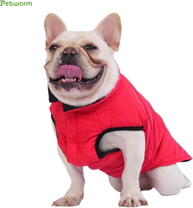 PetWarm Reversible Dog Winter Coat, Windproof Dog Puffer Vest, Soft Vest for Dogs with Hook-and-Loop Strap for Easy Dressing, Waterproof Coat for Dogs with Adjustable Fit, Red, S
