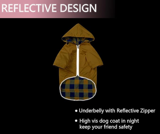 Dog Raincoat Dogs Waterproof Reversible rain Jacket Dog Small Medium Breeds Reflective Zipper Storage Pocket Harness Hole - Yellow - L