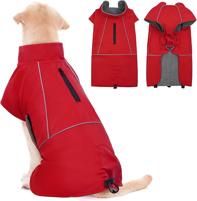 ROZKITCH Dog Rain Coat for Large Dogs, Waterproof Winter Jacket with Fleece Liner and Leash Hole Reflective Strip for Large Dog, Adjustable Hook & Loops Vest for Outdoor Hiking Travel Red 2XL