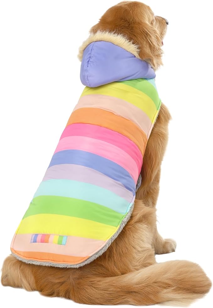 HDE Dog Puffer Jacket Fleece Lined Warm Dog Parka Winter Coat with Harness Hole Pastel Rainbow - XXL