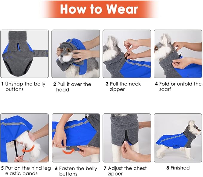 SlowTon Winter Dog Coat, Warm Polar Fleece Lining Doggie Outdoor Jacket with Turtleneck Scarf Reflective Stripe Adjustable Waterproof Windproof Puppy Vest Soft Pet Outfits (M+,Blue)