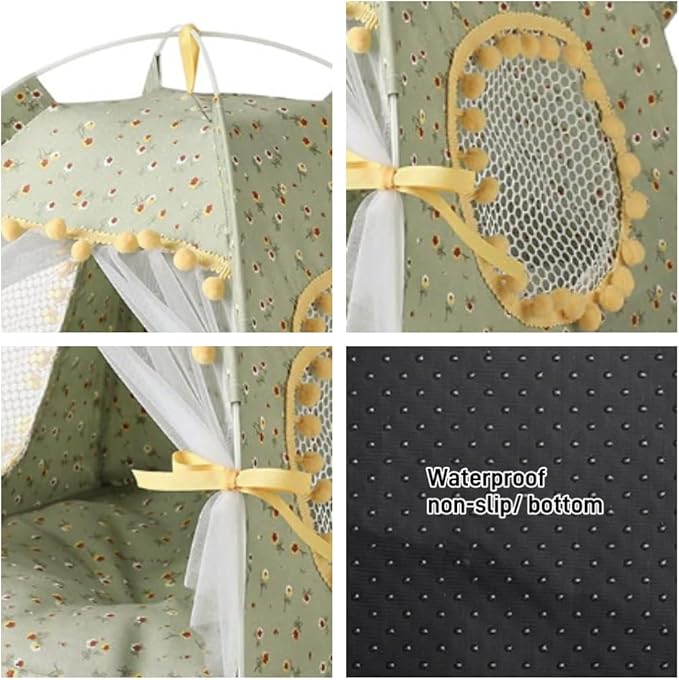 Cat Bed Tents Dog House Indoor Outdoor Lace Mesh Breathable Windows Door Curtains Removable Portable Nest Teepe House (Small,Green&Yellow)