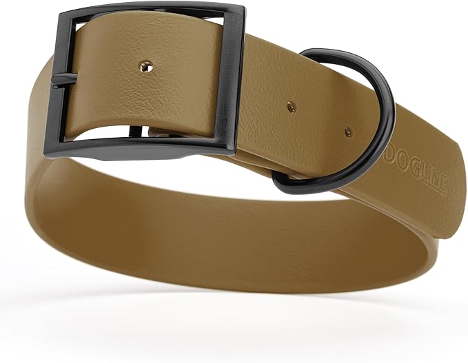 Dogline Biothane Waterproof Dog Collar Strong Coated Nylon Webbing with Black Hardware Odor- Proof for Easy Care Easy to Clean High Performance Fits Small Medium or Large Dogs, Coyote Brown