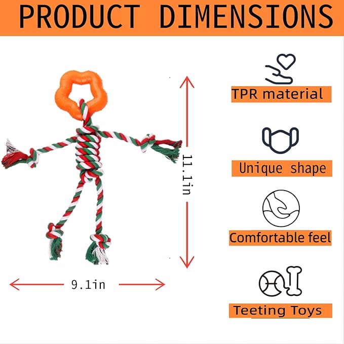 Christmas Puppy Teething Toy for Small & Medium Dogs (20–65lbs), TPR + Cotton Rope Chew Toy for Aggressive Chewers, Indoor & Outdoor Teeth Cleaning Toy for 2–12 Month Dog