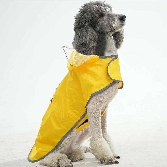 MAMORE Dog Raincoat Reversible,Waterproof Dog Rain Coat Hooded Slicker Poncho with Reflective Strip, Plaid Double Layer Rain Jacket for Small Medium Large Dogs (Yellow, Medium)