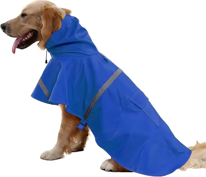 NACOCO Large Dog Raincoat Adjustable Pet Water Proof Clothes Lightweight Rain Jacket Poncho Hoodies with Strip Reflective (L, Blue)