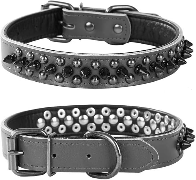 Adjustable Genuine Leather Spiked Studded Dog Collars for Small Medium Large Pets Like Pit Bull Bulldog Pugs Husky (S, Black1)