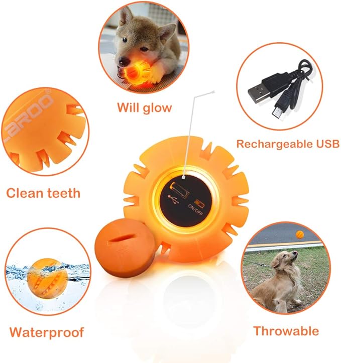 LaRoo LED Dog Ball, Silicon Glowing Dog Toy Ball at Night with USB Rechargeable, Water Resistant Light Up Interactive Dog Tennis Balls for Outdoor Playing