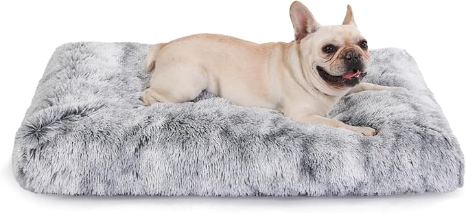 Bedfolks Waterproof Dog Crate Bed, Plush With Removable Washable Cover, Faux Fur Crate Pad for Medium Dogs, Fluffy Kennel 29"x21", Dark Grey