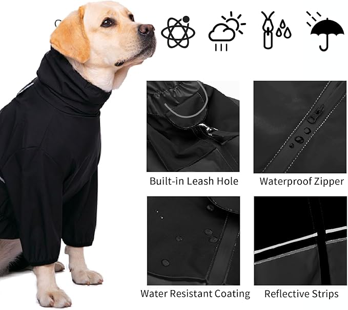 Dog Raincoat,Waterproof Windproof Rain Jacket,All-Weather Jacket,for Small Medium Large Extra Large Dogs (Black, Medium)