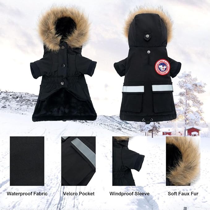 PINA Small Dog Coats - Waterproof Winter Jacket with Flannel Lining, Faux Fur Hood & Pocket