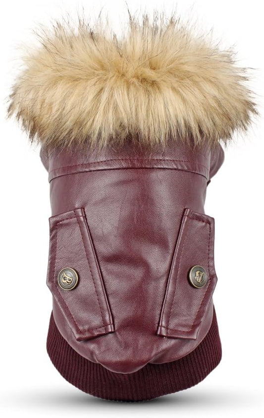 LESYPET Dog Leather Jacket for Small Dogs, Waterproof Dog Winter Jacket Puppy Coat with Fleece Lined, Ultra Warm Fur Collar Doggie Coat, Red X-Large
