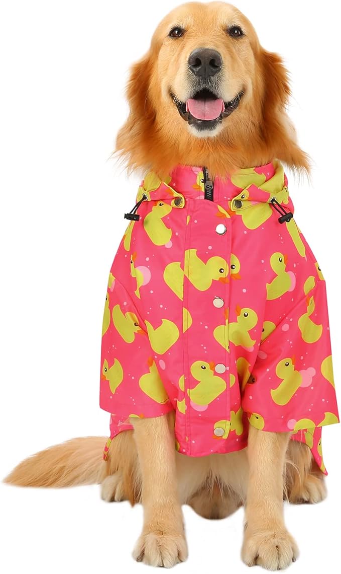 HDE Dog Raincoat Poncho Double Layer Zip Rain Jacket with Removable Hood, Leash Hole for Small to 3XL Dogs and Puppies Ducks Pink - 3XL