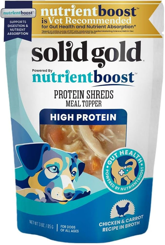 Solid Gold Protein Shreds Dog Food Topper for Dry Food- High Protein Meal Toppers for Dogs w/Chicken Shreds, Broth, Carrots & Superfoods to Supports Muscle Growth, Gut Health & Immunity -12 Pouches
