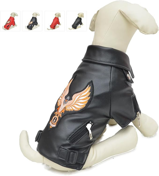 Lovelonglong Cool Dog Leather Jacket, Warm Coats Dogs Windproof Cold Weather Coats for Large Medium Small Dogs with Eagle Embroidery Black L