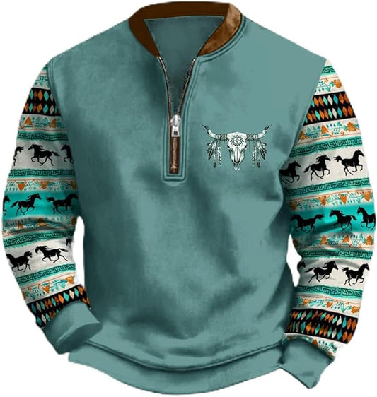 HOTYD Aztec Cowboy Jacket Men Vintage Bullhorn Printed Oversized Western Sweatshirt Long Sleeve Quarter Zip Pullover