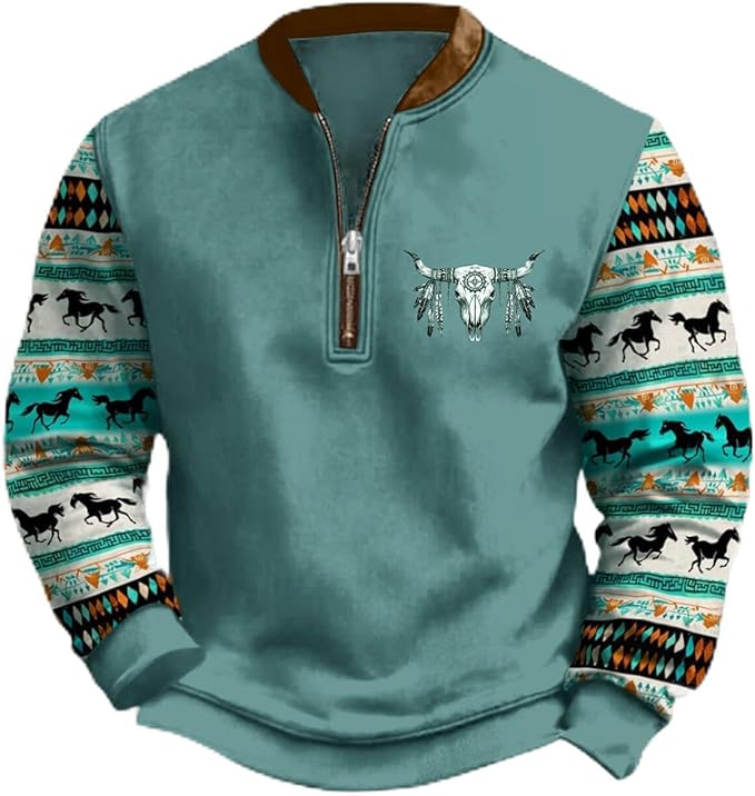 HOTYD Aztec Cowboy Jacket Men Vintage Bullhorn Printed Oversized Western Sweatshirt Long Sleeve Quarter Zip Pullover