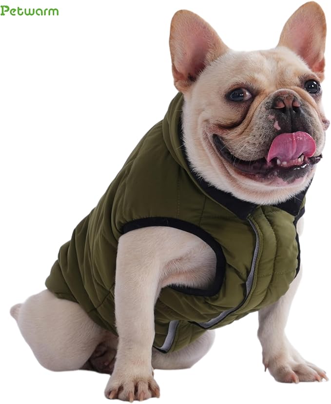 PetWarm Reversible Dog Winter Coat, Windproof Dog Puffer Vest, Soft Vest for Dogs with Hook-and-Loop Strap for Easy Dressing, Waterproof Coat for Dogs with Adjustable Fit, Green, L