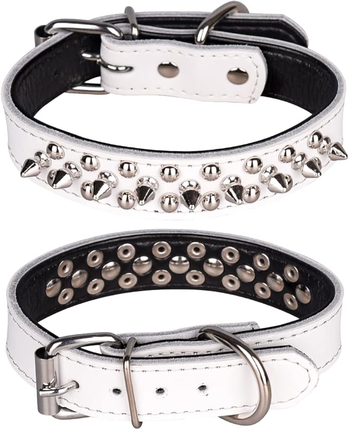 Adjustable Genuine Leather Spiked Studded Dog Collars for Small Medium Large Pets Like Pit Bull Bulldog Pugs Husky (S, White)