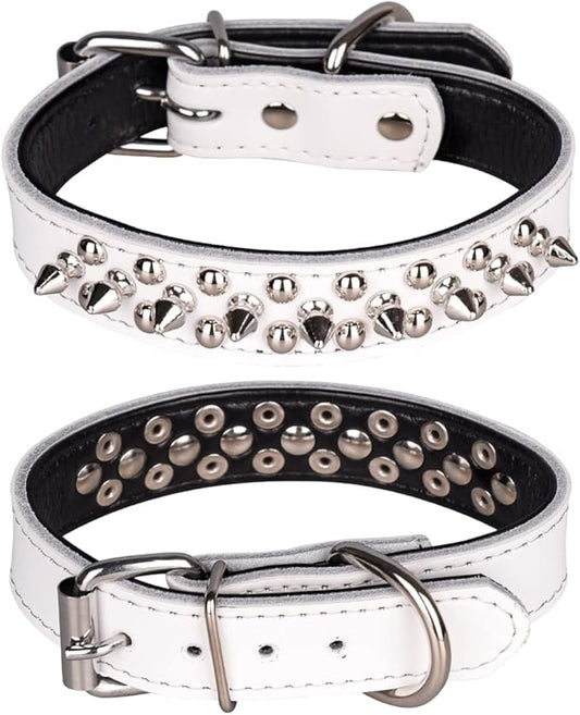 Adjustable Genuine Leather Spiked Studded Dog Collars for Small Medium Large Pets Like Pit Bull Bulldog Pugs Husky (L, White)
