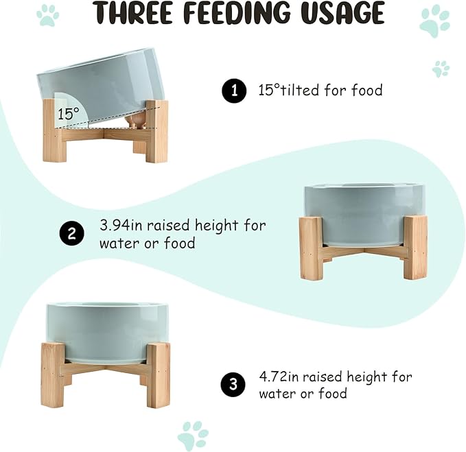 SPUNKYJUNKY 15° Slanted Ceramic Dog and Cat Bowl with Wooden Stand, Tilted Bulldog Food and Water Bowl No Slip Non-Spill for Cats Medium Dogs Big Face Pets 28.7 OZ (3.6 Cups, Morandi Green)