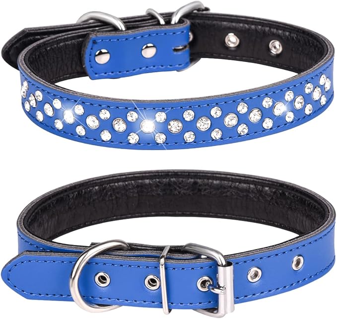 Rhinestones Dog Collar, Adjustable Sparkly Crystal Studded Genuine Leather Pet Dog Collar for Small and Medium Dogs (M, Dark Blue)