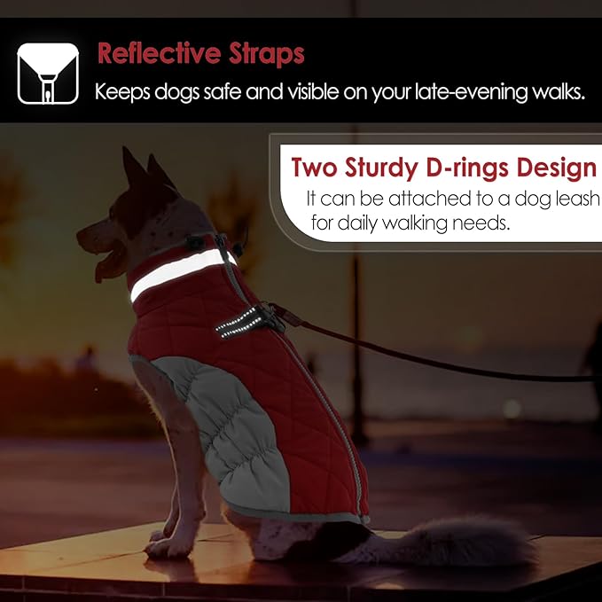 AOFITEE Dog Coat, Warm Dog Winter Coat for Large Dogs, Reflective Turtleneck Dogs Jacket with Harness Built in, Waterproof Windproof Pet Puffer Jacket Fleece Vest for Cold Weather, Christmas Red