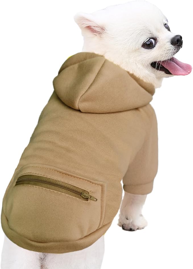 Jecikelon Pet Dog Cold Weather Coat with Pocket Winter Dog Hoodie Warm Puppy Clothes for Small Dogs Chihuahua Clothing (Khaki, Small)