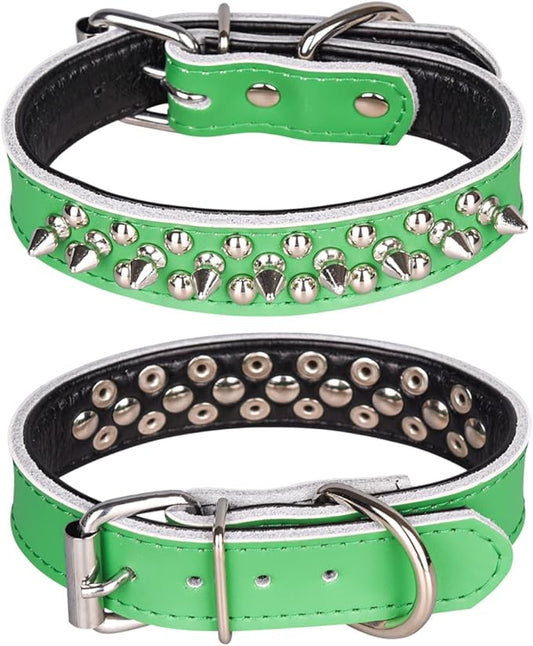 Adjustable Genuine Leather Spiked Studded Dog Collars for Small Medium Large Pets Like Pit Bull Bulldog Pugs Husky (M, Green)