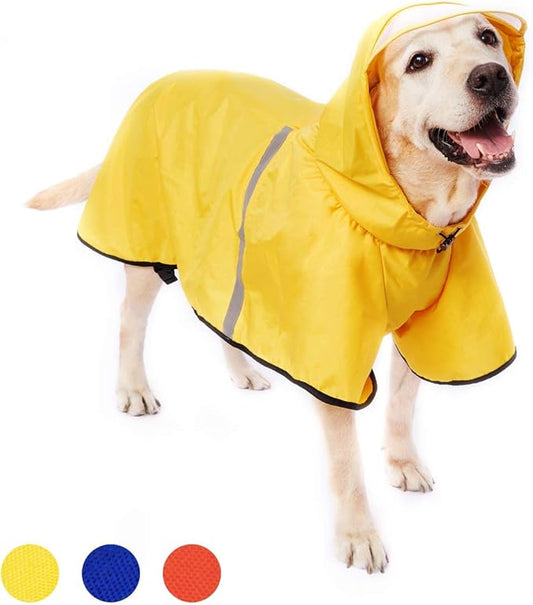Large Dog Raincoat Jacket with Adjustable Belly Strap and Leash Hole - Hoodie with Reflective Strip - Waterproof Slicker Lightweight Breathable - Easy to Wear