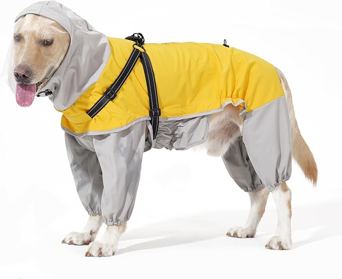 LIANZIMAU Waterproof Dog Raincoat 4 Legs with Leash Hook Reflective Adjustable Belly Strap Clear Hood Lightweight Polyester for Small Medium Large Dogs