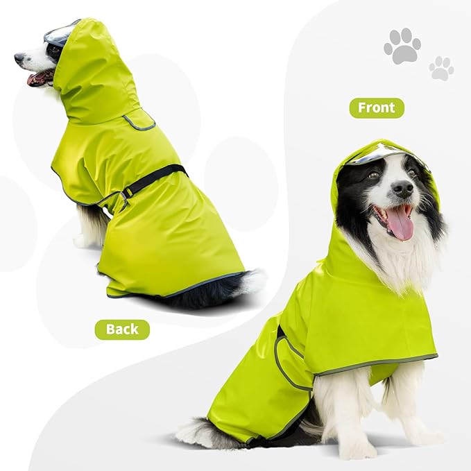 Dog Raincoat, Waterproof Windproof Dog Rain Jacket with Hood, Rain Coat with Leash Hole, Adjustable Raincoat Poncho for Small Medium Large Dogs Outdoor (Neon Yellow, Large)