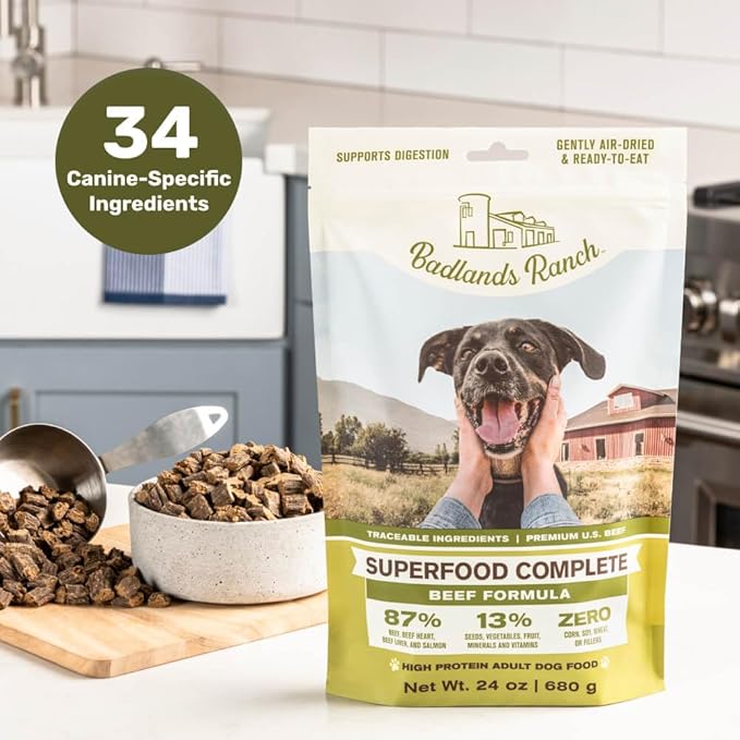 BADLANDS RANCH - Superfood Complete, Adult Dog Food, Air-Dried, High Protein, Zero Fillers, Superfood Nutrition by Katherine Heigl (24 oz., Beef Formula)