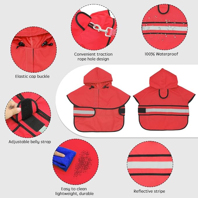Candofly Dog Raincoat Hooded Poncho - Adjustable Waterproof Dog Rain Jacket Lightweight Reflective Dog Rain Coat Pet Slicker for Small Medium Large Dogs (Large, Bright Red)
