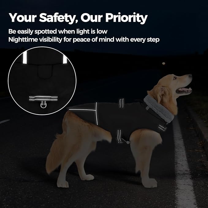 Mihachi Dog Coat for Large Dogs, Warm Dog Winter Coat Waterproof Dogs Jacket with Harness Built in Reflective Pet Fleece Vest, Puppy Cold Weather Coats Turtleneck & Windproof Pet Snowsuit, Black XXL