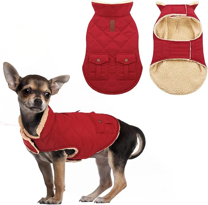 ASENKU Warm Dog Winter Coat, Waterproof Dog Coat for Cold Weather, Fleece Dogs Jacket with Ultra Thick Plush Lining Leash Hole Storage Pockets for Small Dogs (Red, Small)